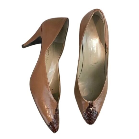 Vintage Jacques Martin Brown Leather Pumps Croc Embossed Toe Size 8 Low Heels - Picture 3 of 8